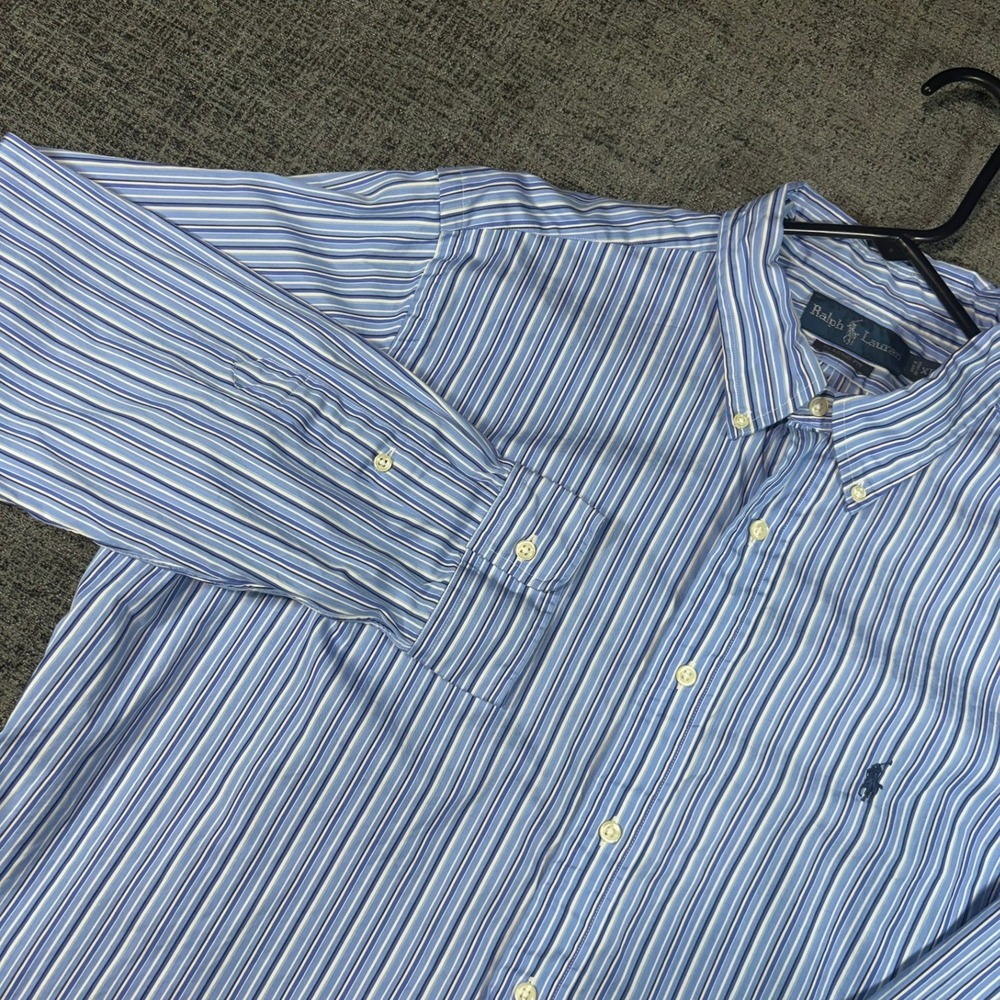 Ralph Lauren Button Down Shirt XL Blue White Striped Classic Fit Long Sleeve